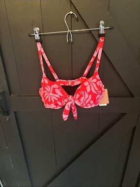 Shade & Shore Red and Pink Floral Tie-Front Bikini Top